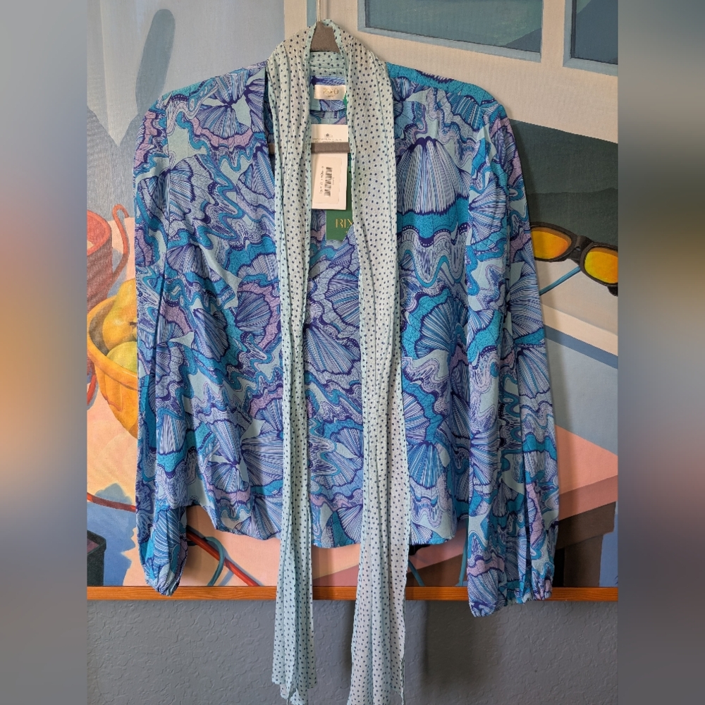 NWT Rixo blue blouse with neck scarf size S